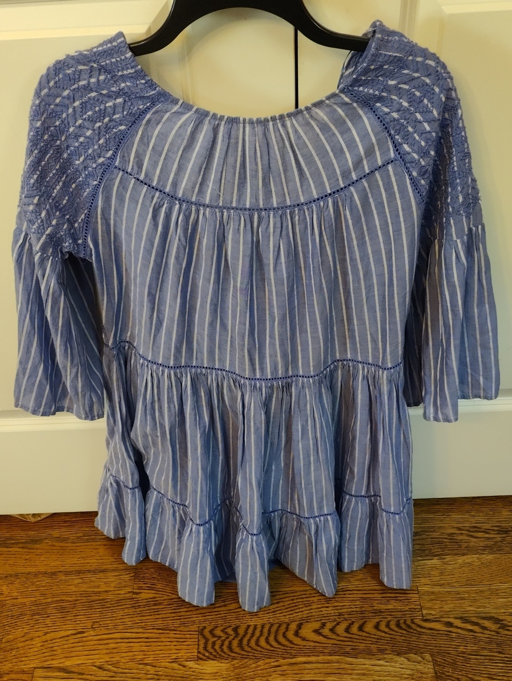 Free People Lola Boho Striped Tiered Dress Chambray Blue Embroidered Lagenlook